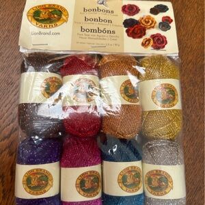 Package of eight Bonbons by Lionbrand. Party color. 8 x .35oz or 38yd each spool